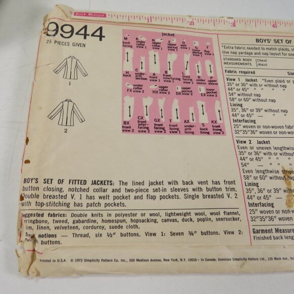 Simplicity 9944 clothing pattern Boys Suit Jacket (complete) - Picture 7 of 8